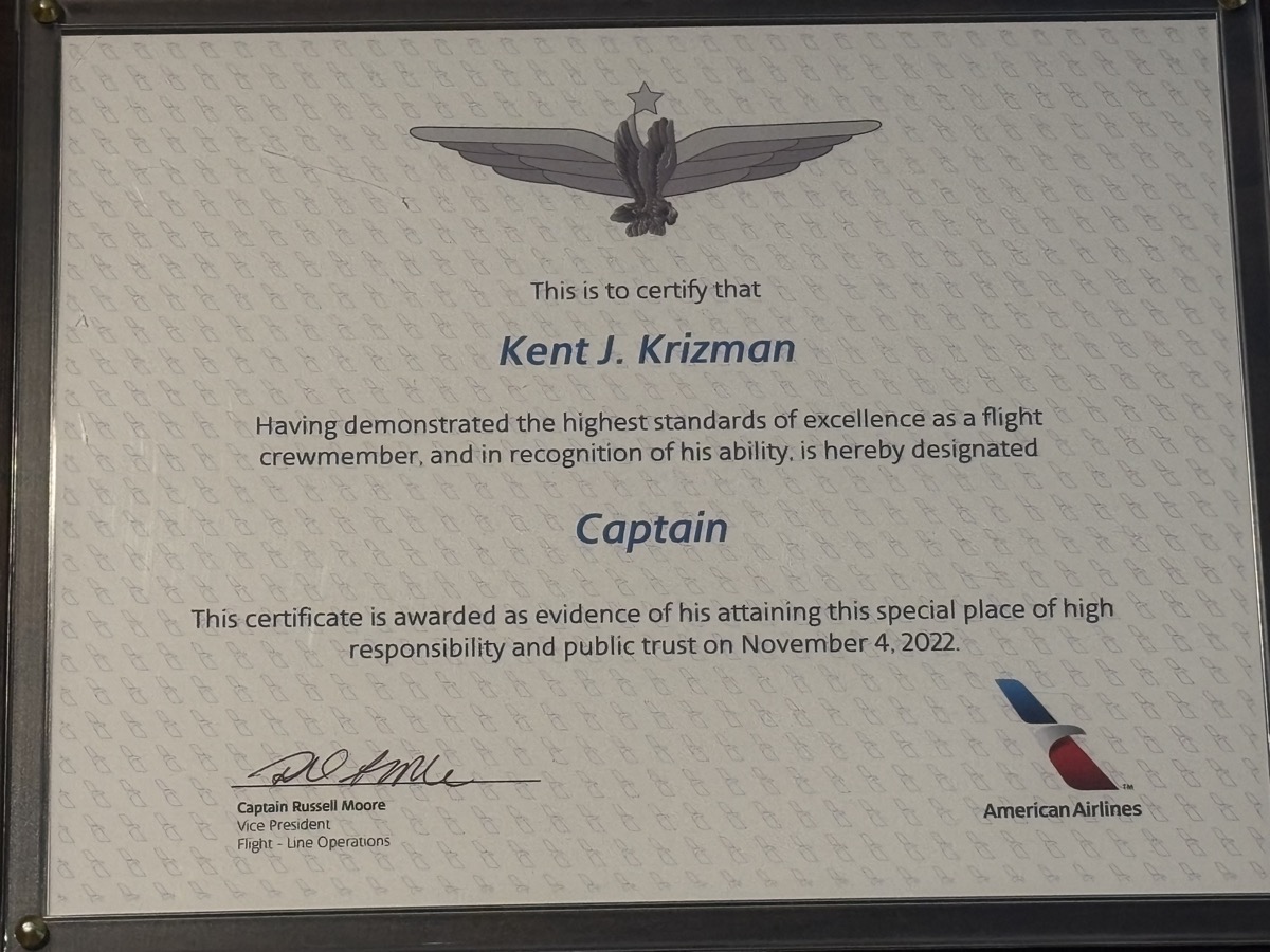 American Airlines Captain certificate for Kent J. Krizman